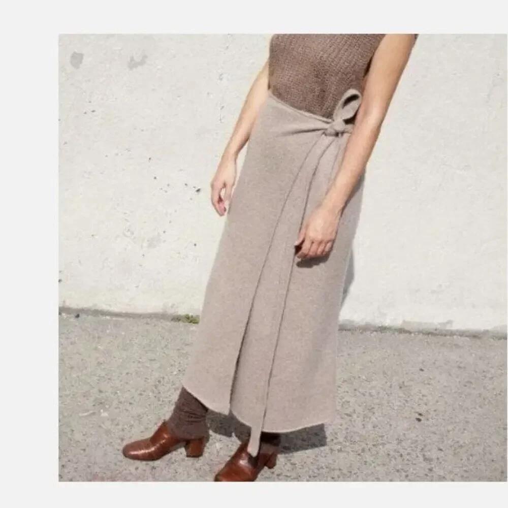 Lauren Manoogian Alpaca Yak Knit Wrap Midi Skirt Neutral Tan Sz 1/S